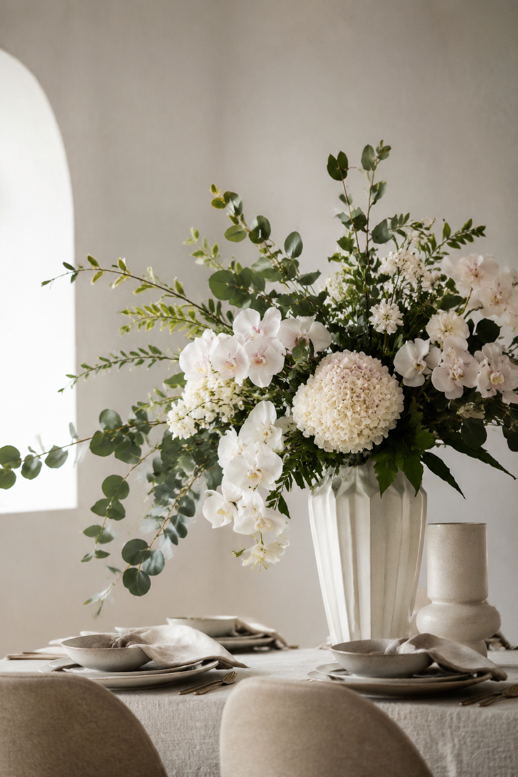 Elegant artificial floral arrangement styled for a modern dining space