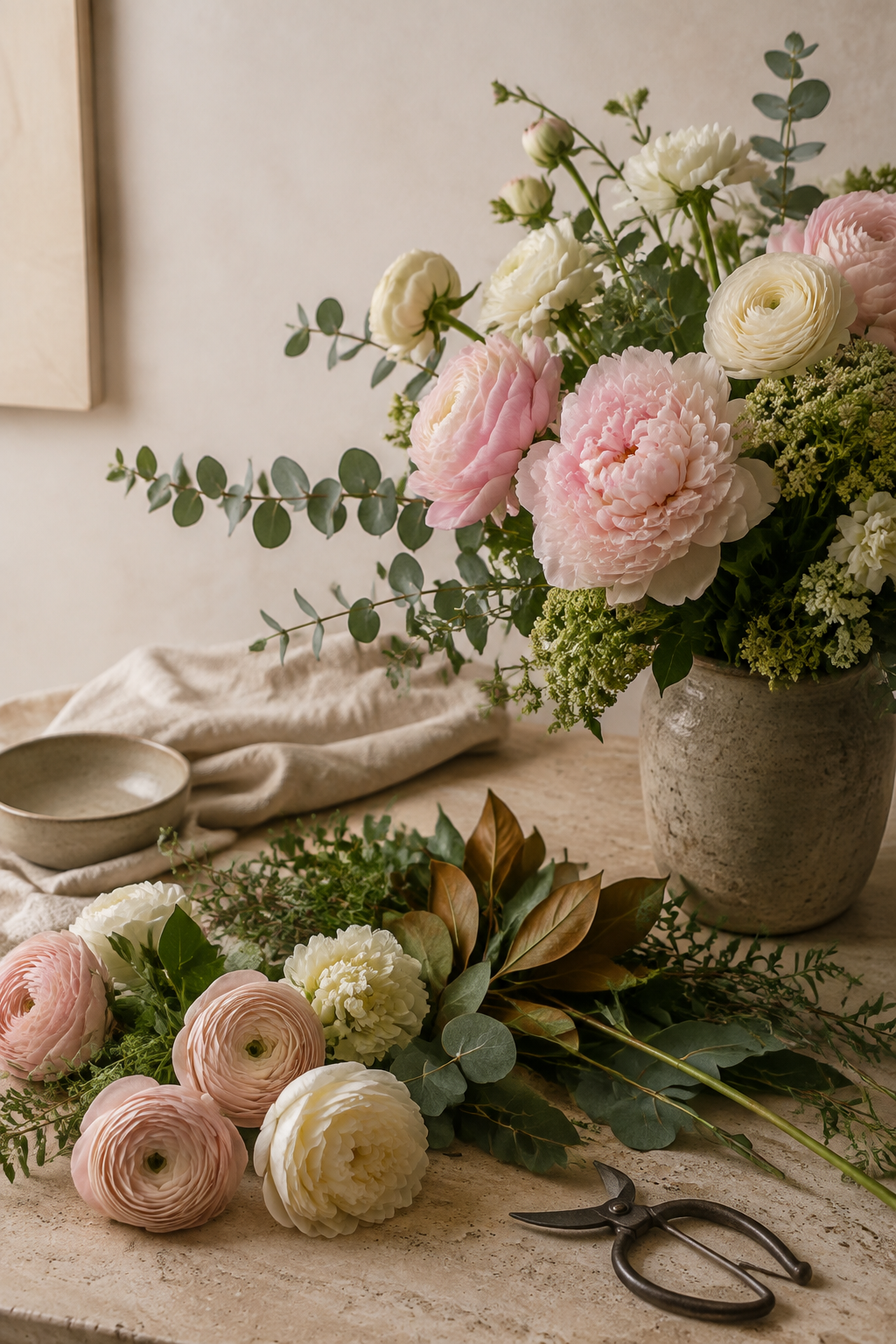 Artificial flowers and greenery in an elegant floral styling space