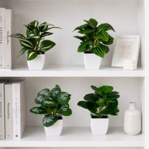 Mini Potted Artificial Watermelon Leaves | 1/4-Pack Faux Desk Plants in White Pots