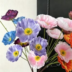 Wholesale High-End 3-Head Artificial Silk Poppy Stems | Flocked Stem Faux Poppy Spray for Living Room & Wedding Ornaments