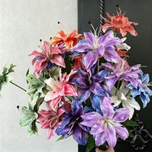 3-Head Retro Oil Painting Silk Lily Artificial Flower Spray | Vintage Real-Touch Fake Lilies for Wedding Decor, Flower Arrangements & Window Displays